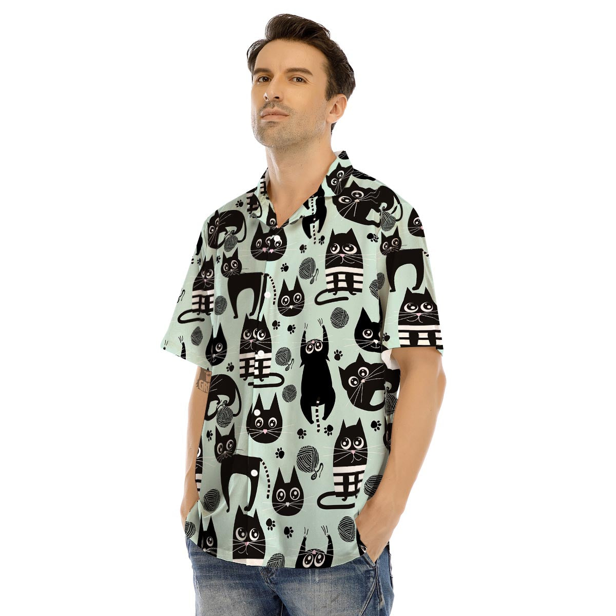 Cute Black Cat Print Men’s Hawaiian Shirt-grizzshop