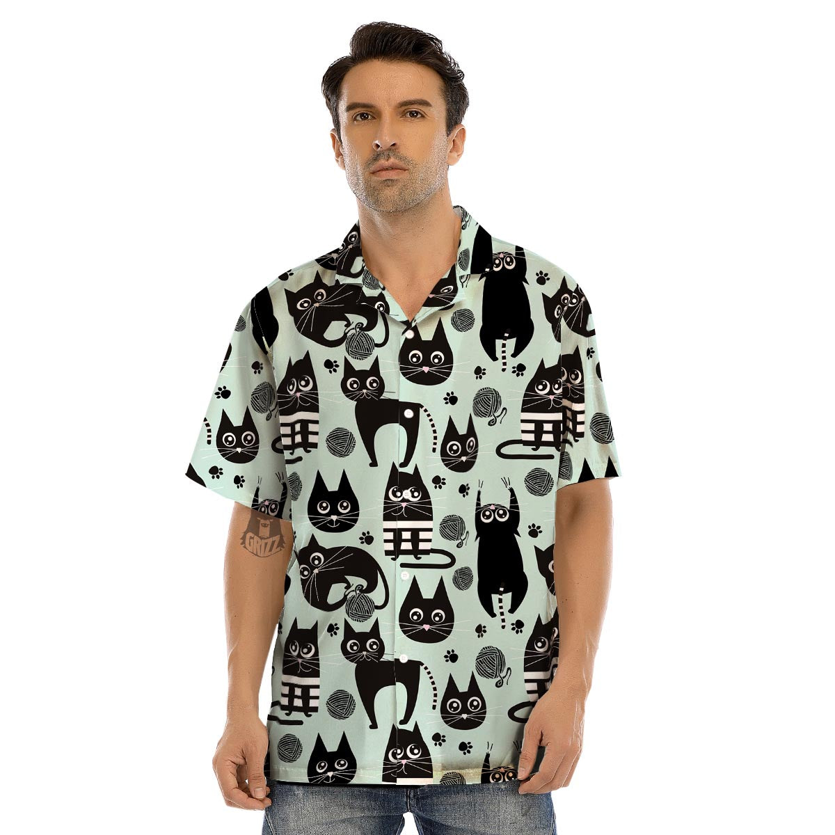 Cute Black Cat Print Men’s Hawaiian Shirt-grizzshop