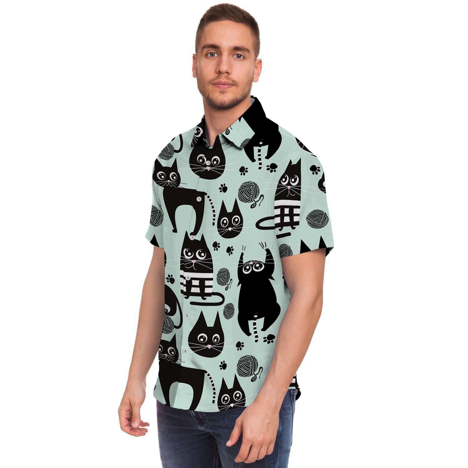 Cute Black Cat Print Men's Short Sleeve Shirt-grizzshop