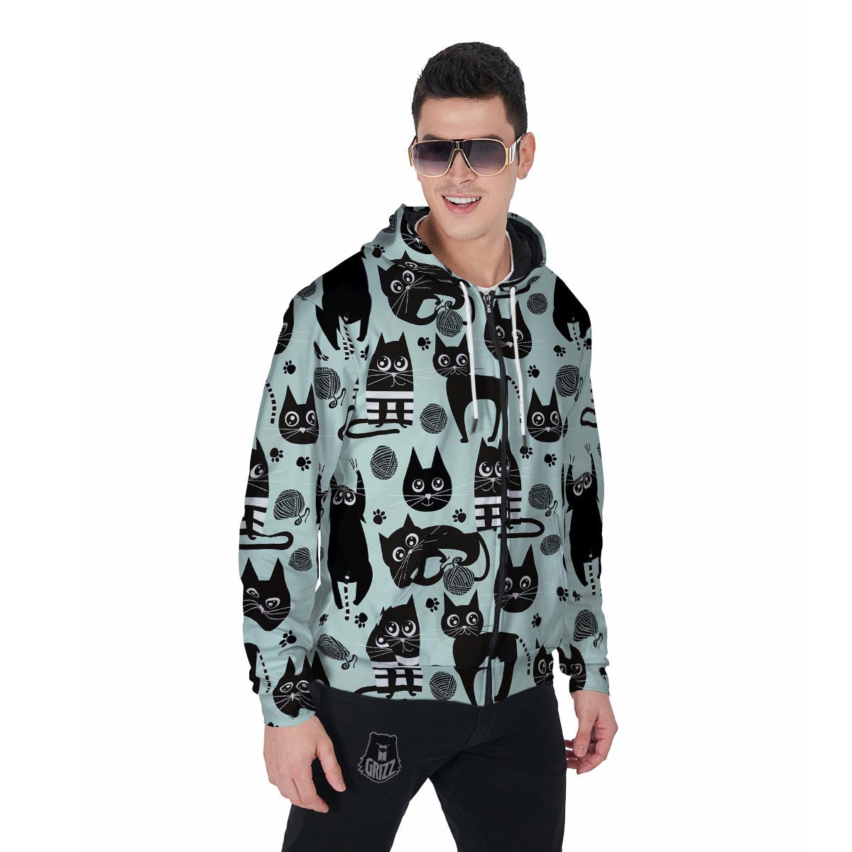 Cute Black Cat Print Men's Zip Up Hoodie-grizzshop
