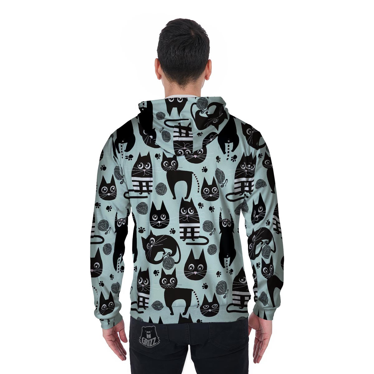 Cute Black Cat Print Men's Zip Up Hoodie-grizzshop