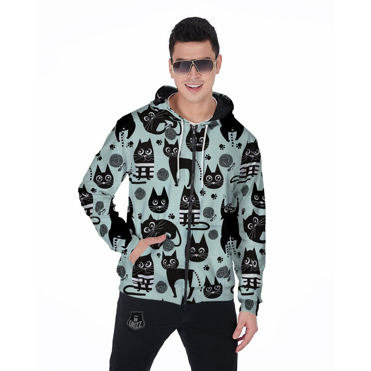 Cute Black Cat Print Men's Zip Up Hoodie-grizzshop