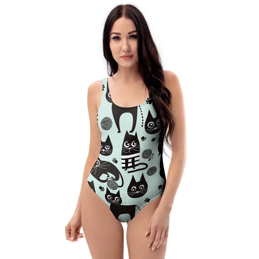 Cute Black Cat Print One Piece Swimsuite-grizzshop