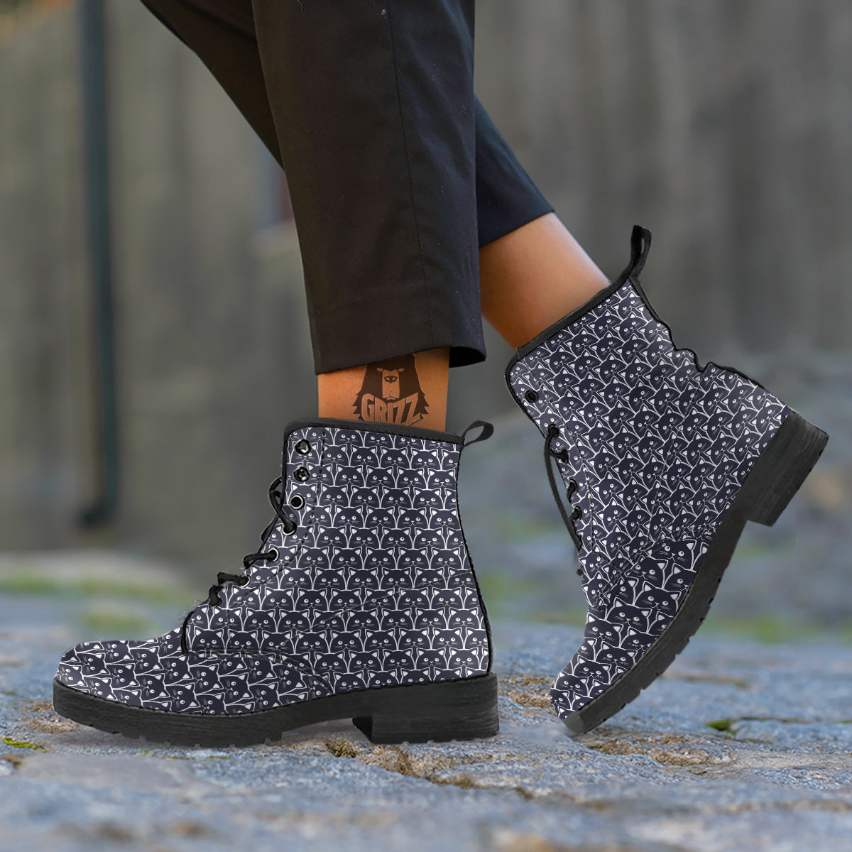 Cute Black Cat Print Pattern Leather Boots-grizzshop