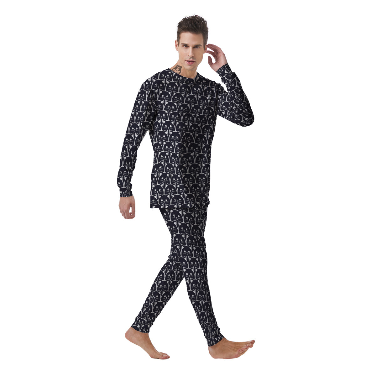 Cute Black Cat Print Pattern Men's Pajamas-grizzshop