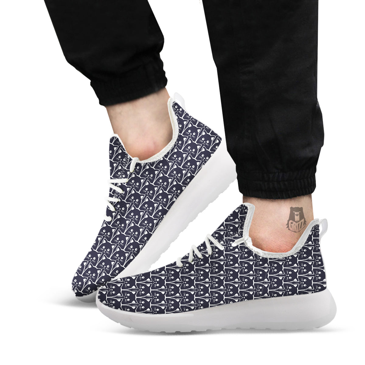Cute Black Cat Print Pattern White Athletic Shoes-grizzshop