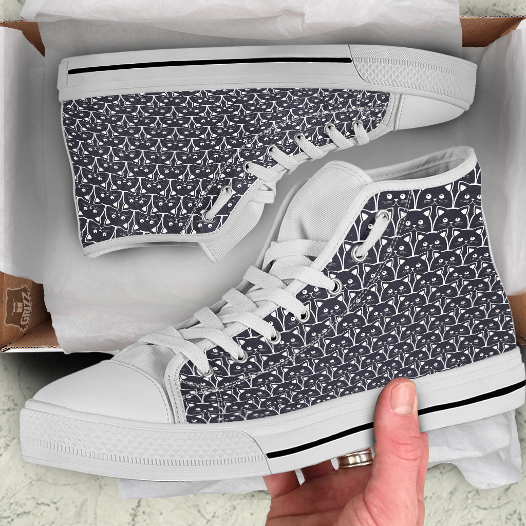 Cute Black Cat Print Pattern White High Top Shoes-grizzshop
