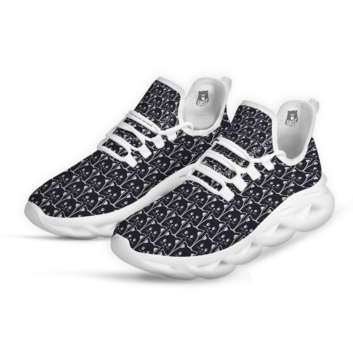 Cute Black Cat Print Pattern White Running Shoes-grizzshop