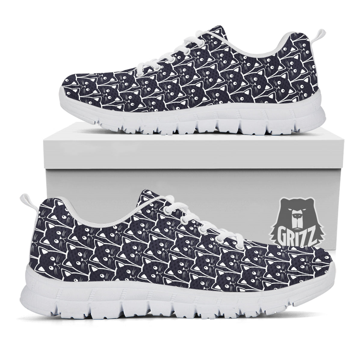 Cute Black Cat Print Pattern White Sneaker-grizzshop