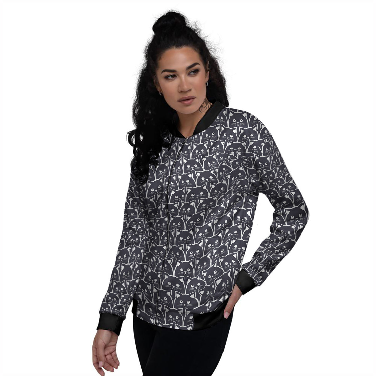 Cute Black Cat Print Pattern Women's Bomber Jacket-grizzshop