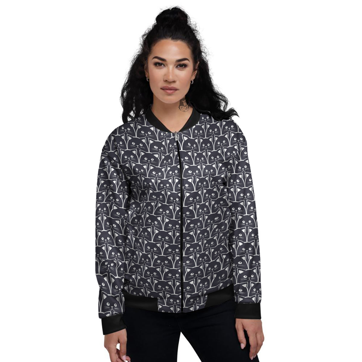 Cute Black Cat Print Pattern Women's Bomber Jacket-grizzshop