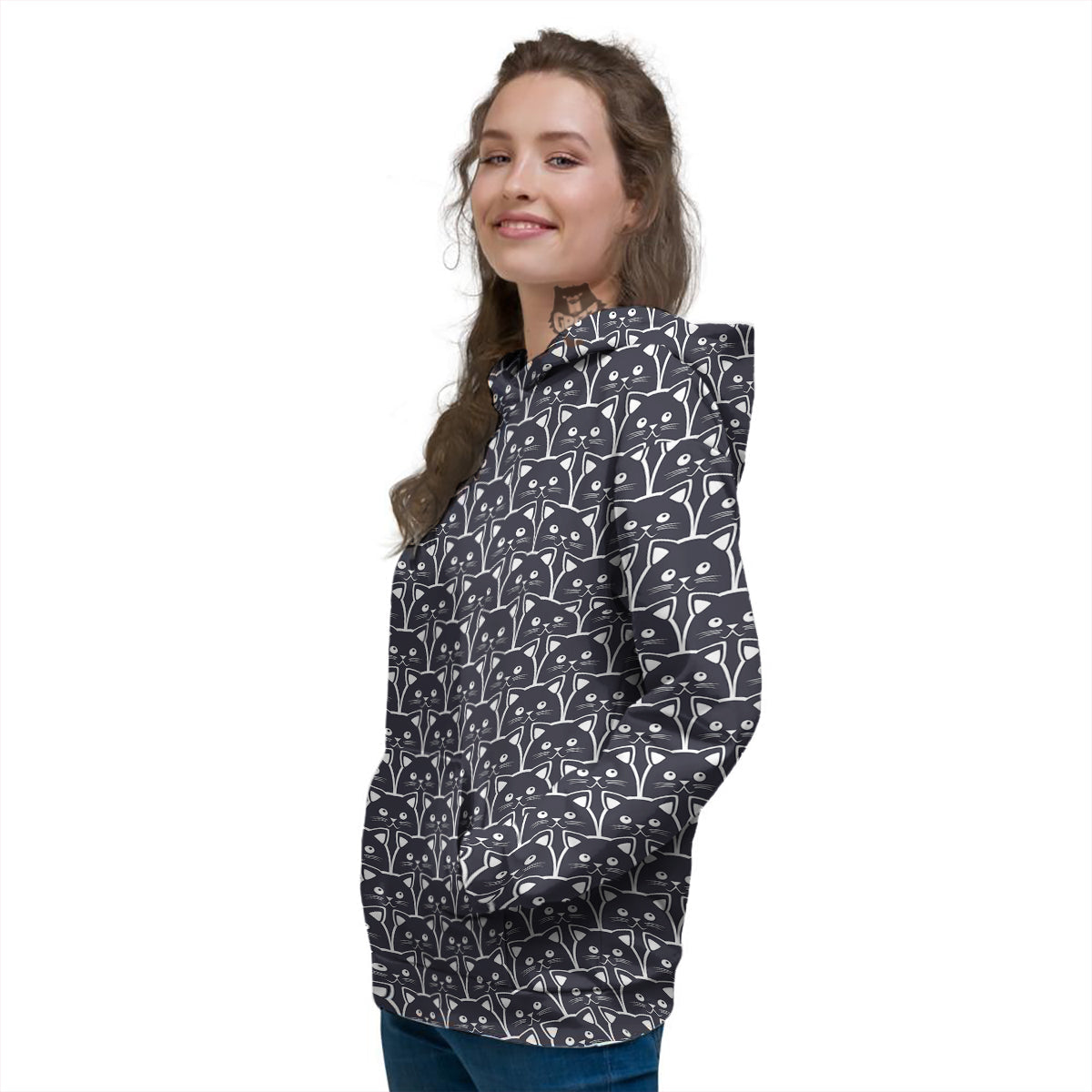 Cute Black Cat Print Pattern Women's Hoodie-grizzshop