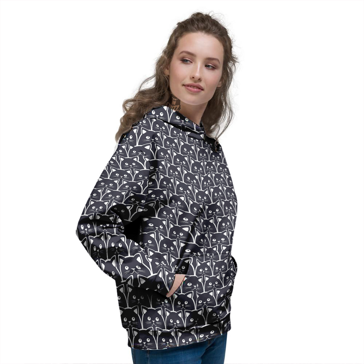 Cute Black Cat Print Pattern Women's Hoodie-grizzshop