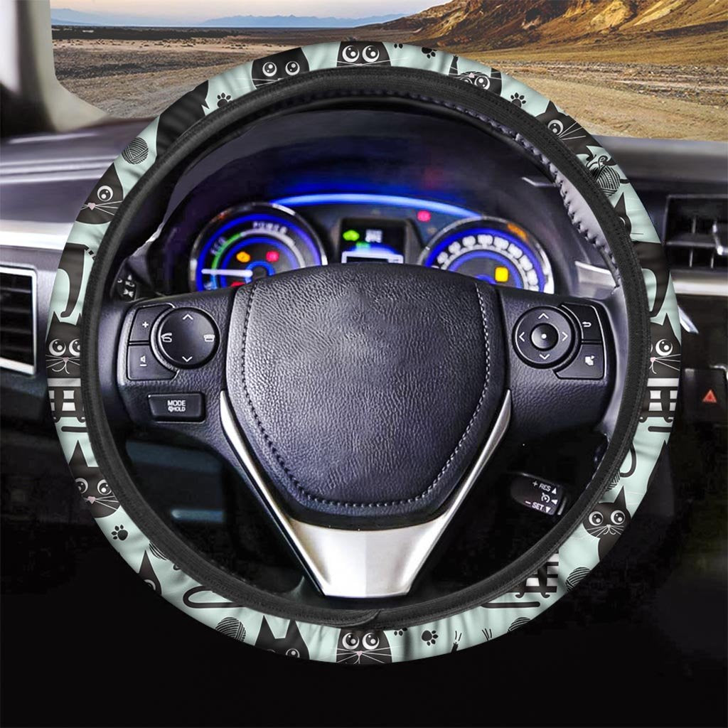 Cute Black Cat Print Steering Wheel Cover-grizzshop