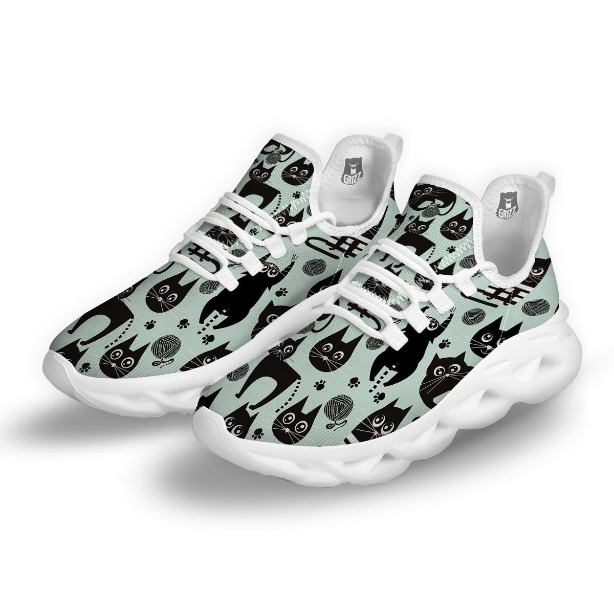 Cute Black Cat Print White Running Shoes-grizzshop