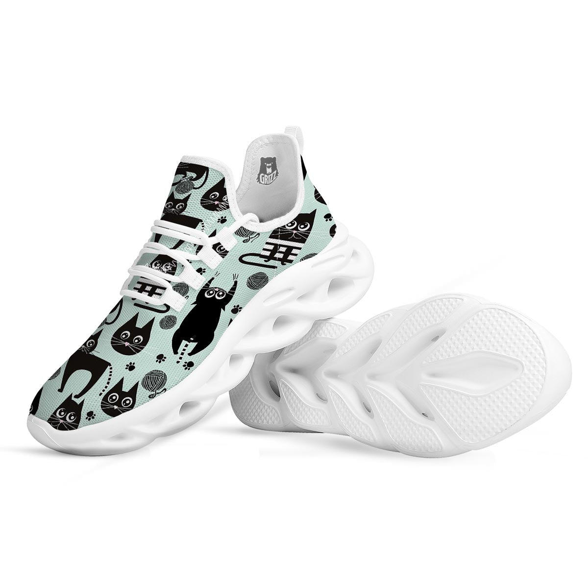 Cute Black Cat Print White Running Shoes-grizzshop