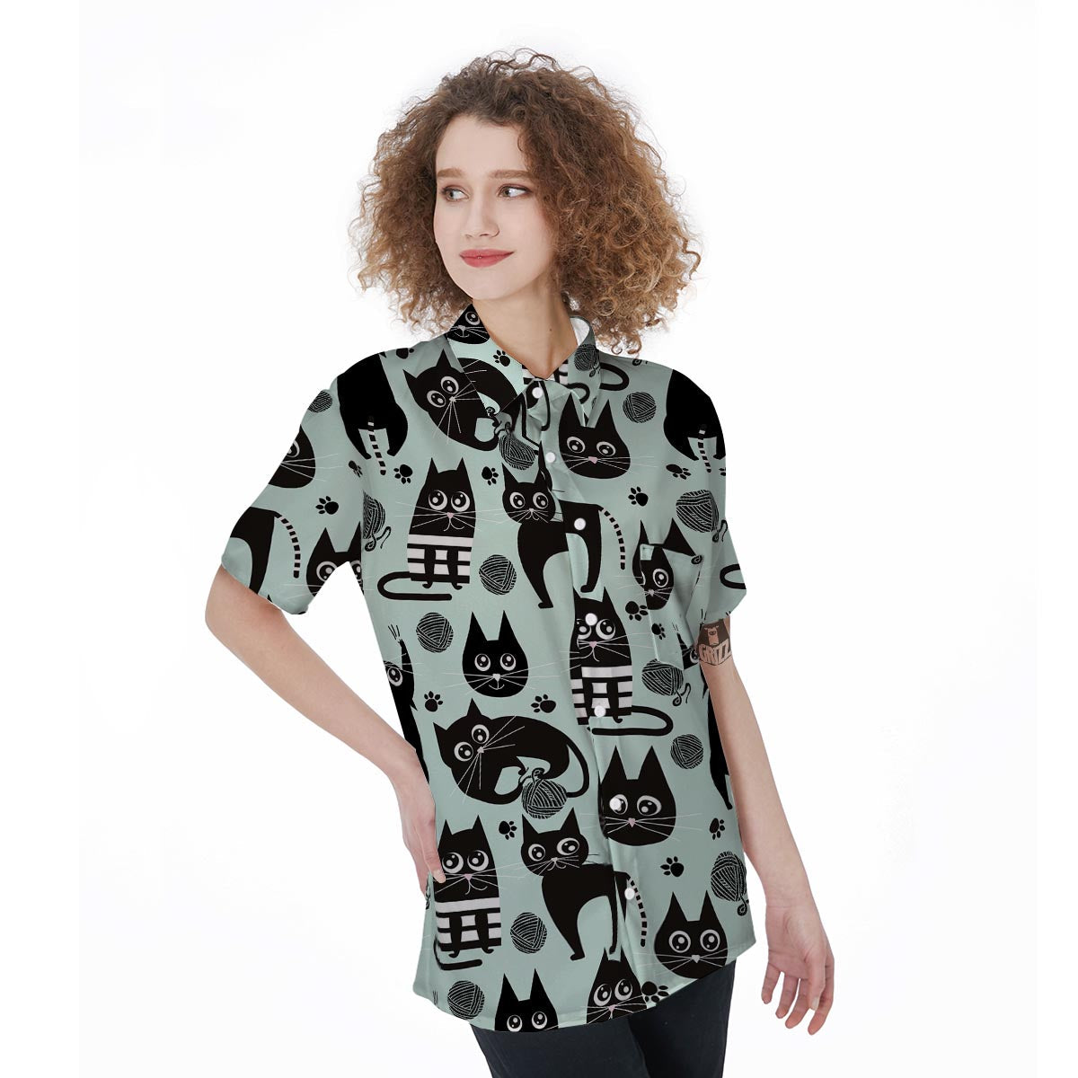 Cute Black Cat Print Women's Short Sleeve Shirts-grizzshop