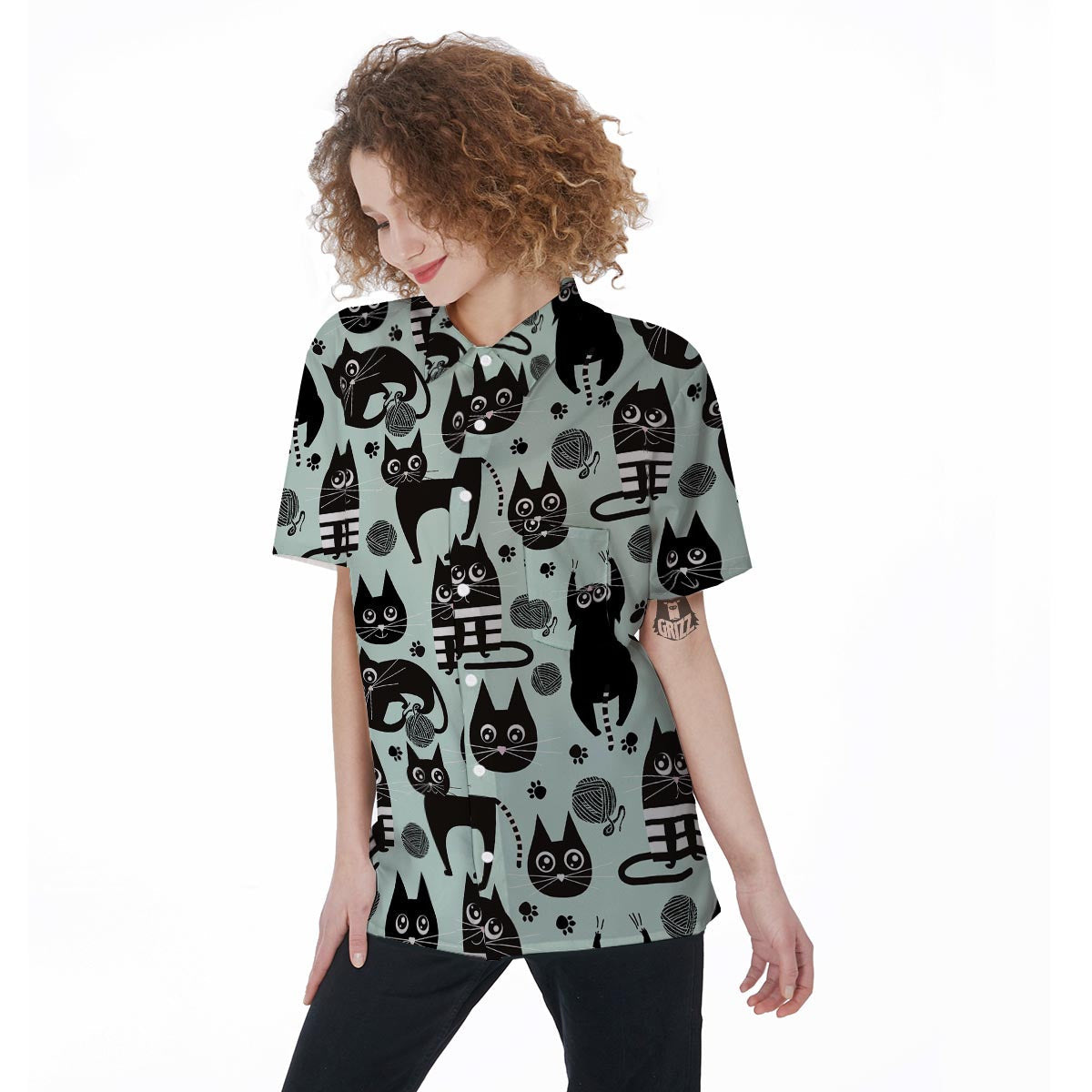 Cute Black Cat Print Women's Short Sleeve Shirts-grizzshop