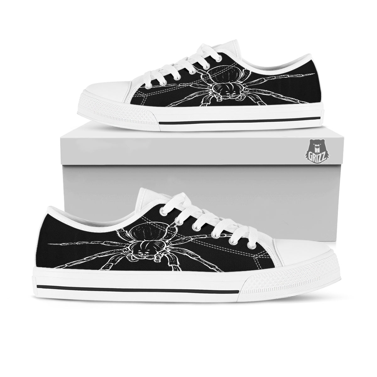 Cute Black White Spider Cartoon Print White Low Top Shoes-grizzshop