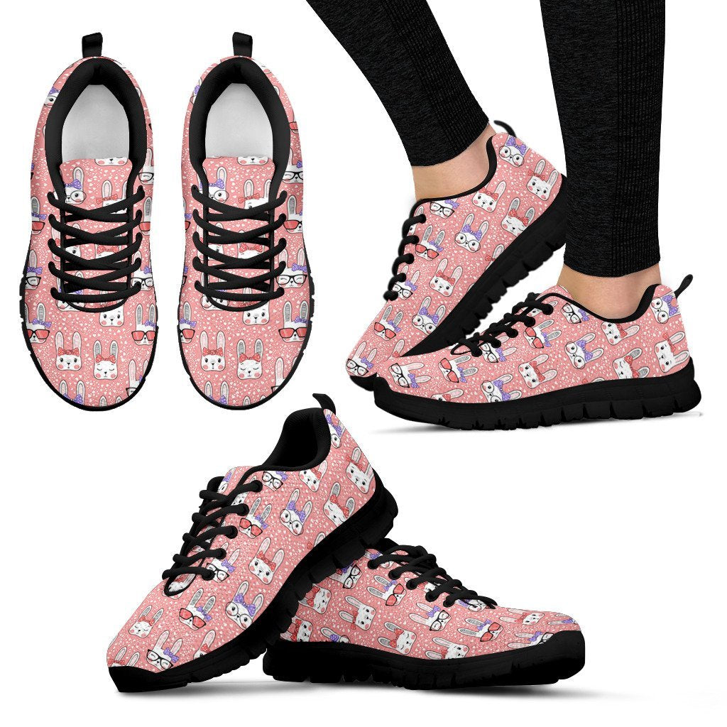 Cute Bunny Rabbit Pattern Print Black Sneaker Shoes For Men Women-grizzshop
