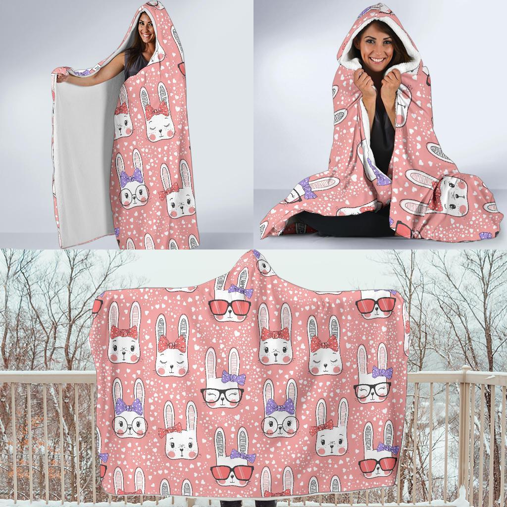 Cute Bunny Rabbit Pattern Print Hooded Blanket-grizzshop