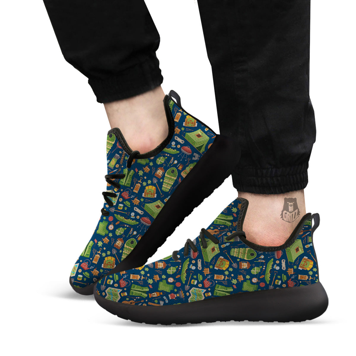 Cute Camping Equipment Print Pattern Black Athletic Shoes-grizzshop