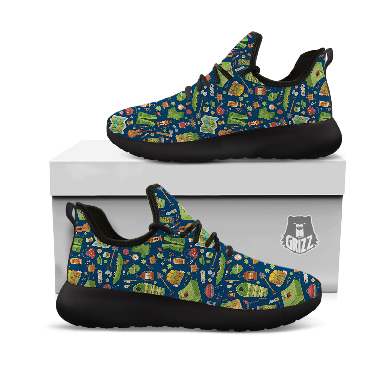 Cute Camping Equipment Print Pattern Black Athletic Shoes-grizzshop