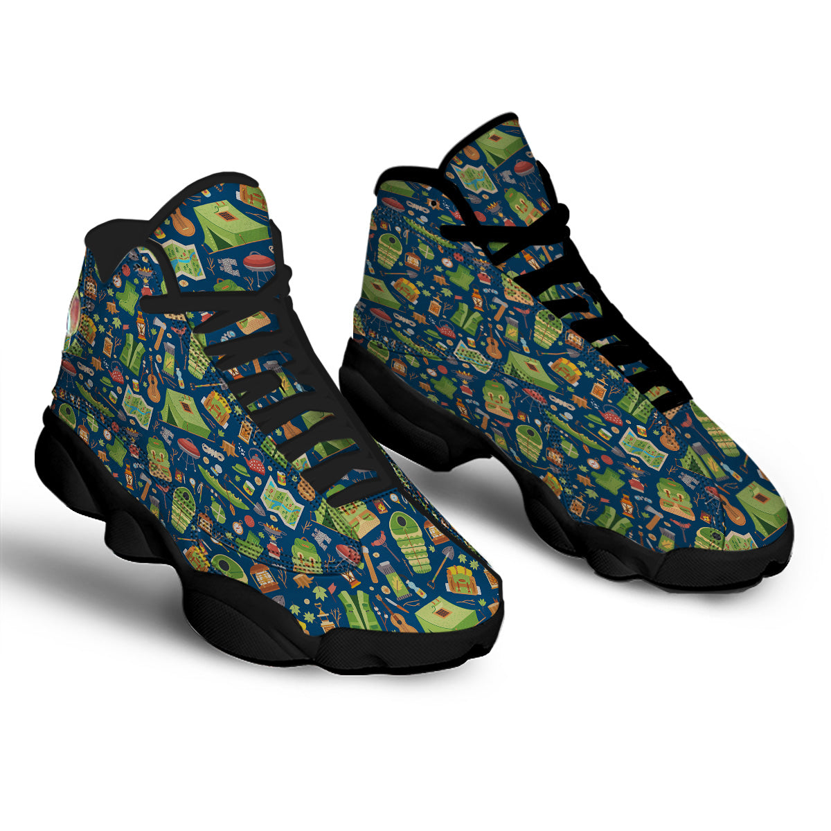 Cute Camping Equipment Print Pattern Black Basketball Shoes-grizzshop