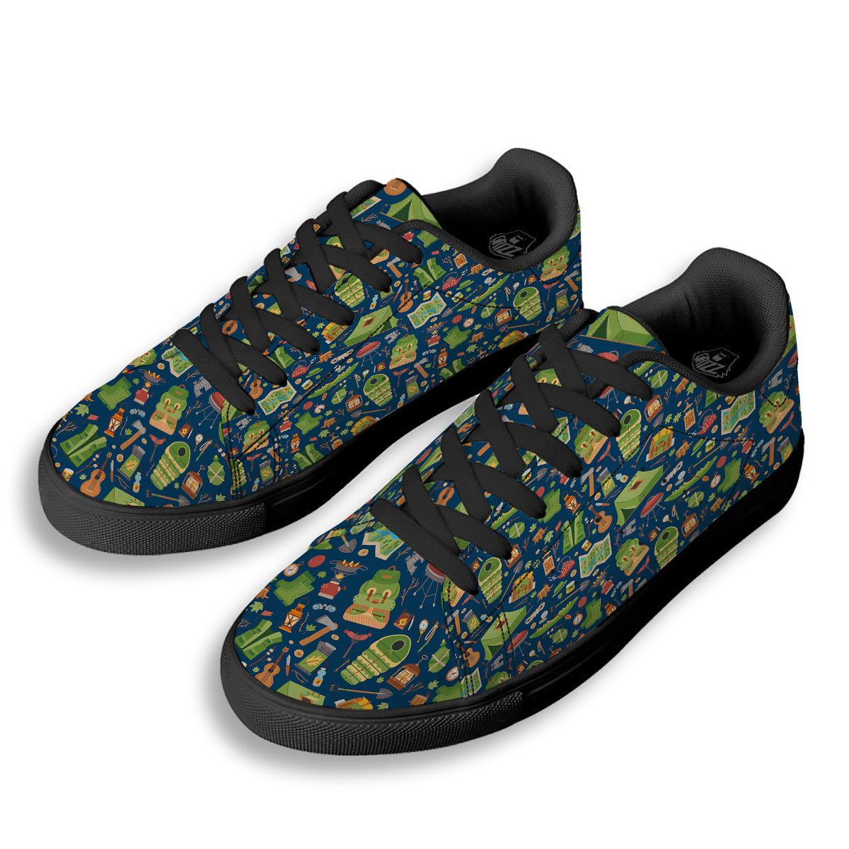 Cute Camping Equipment Print Pattern Black Low Top Sneakers-grizzshop