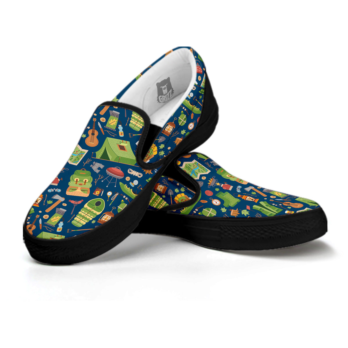 Cute Camping Equipment Print Pattern Black Slip On Shoes-grizzshop