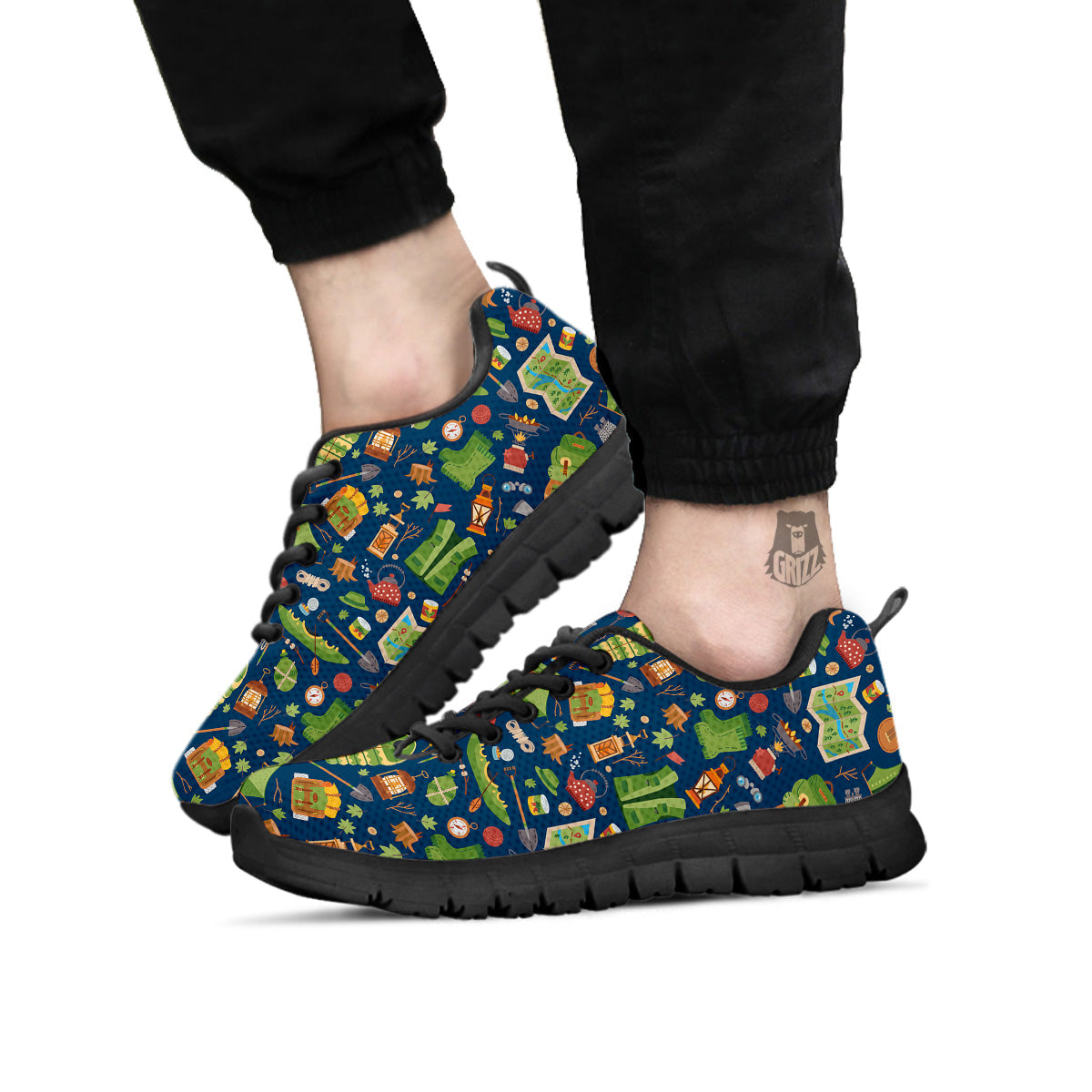 Cute Camping Equipment Print Pattern Black Sneaker-grizzshop