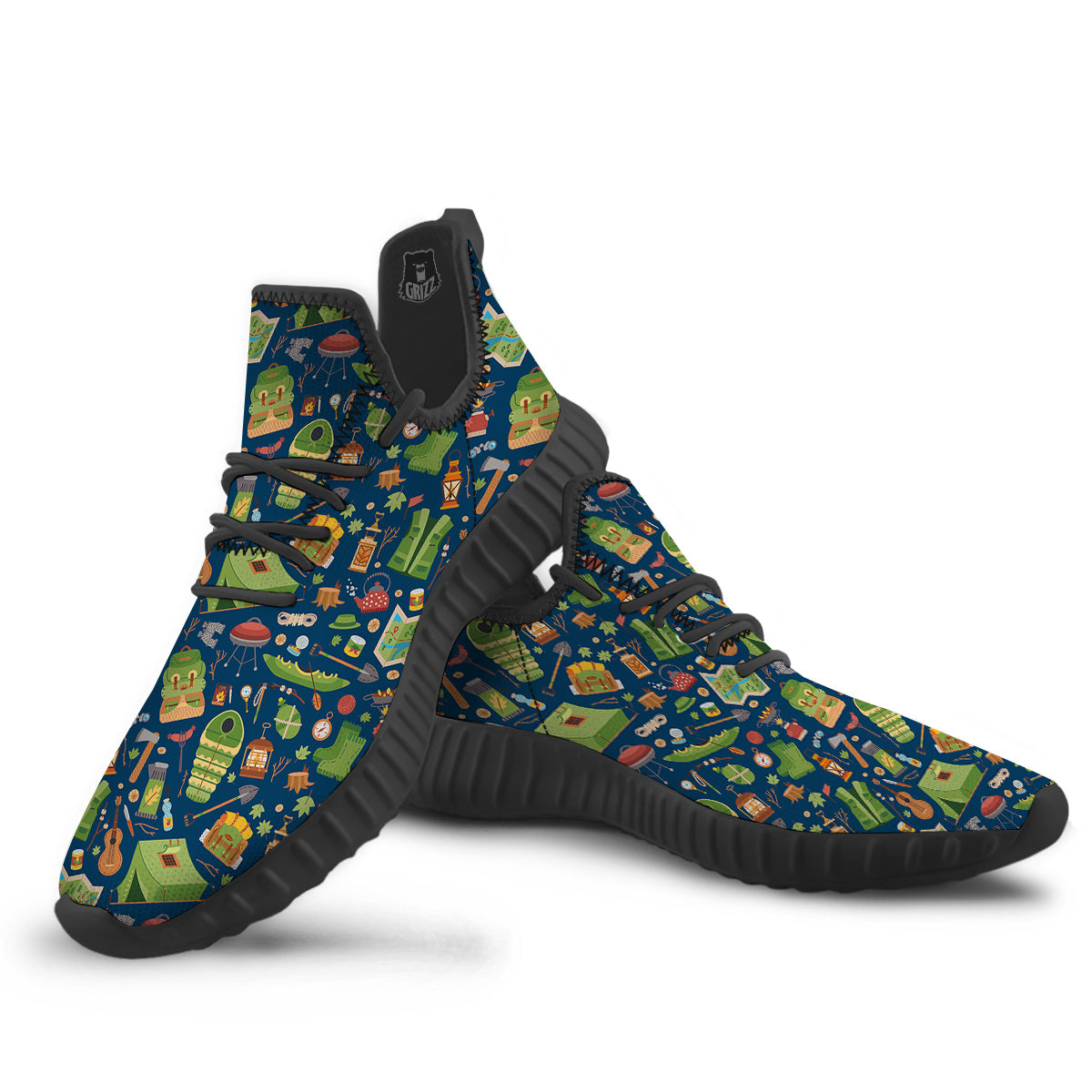 Cute Camping Equipment Print Pattern Black Walking Shoes-grizzshop
