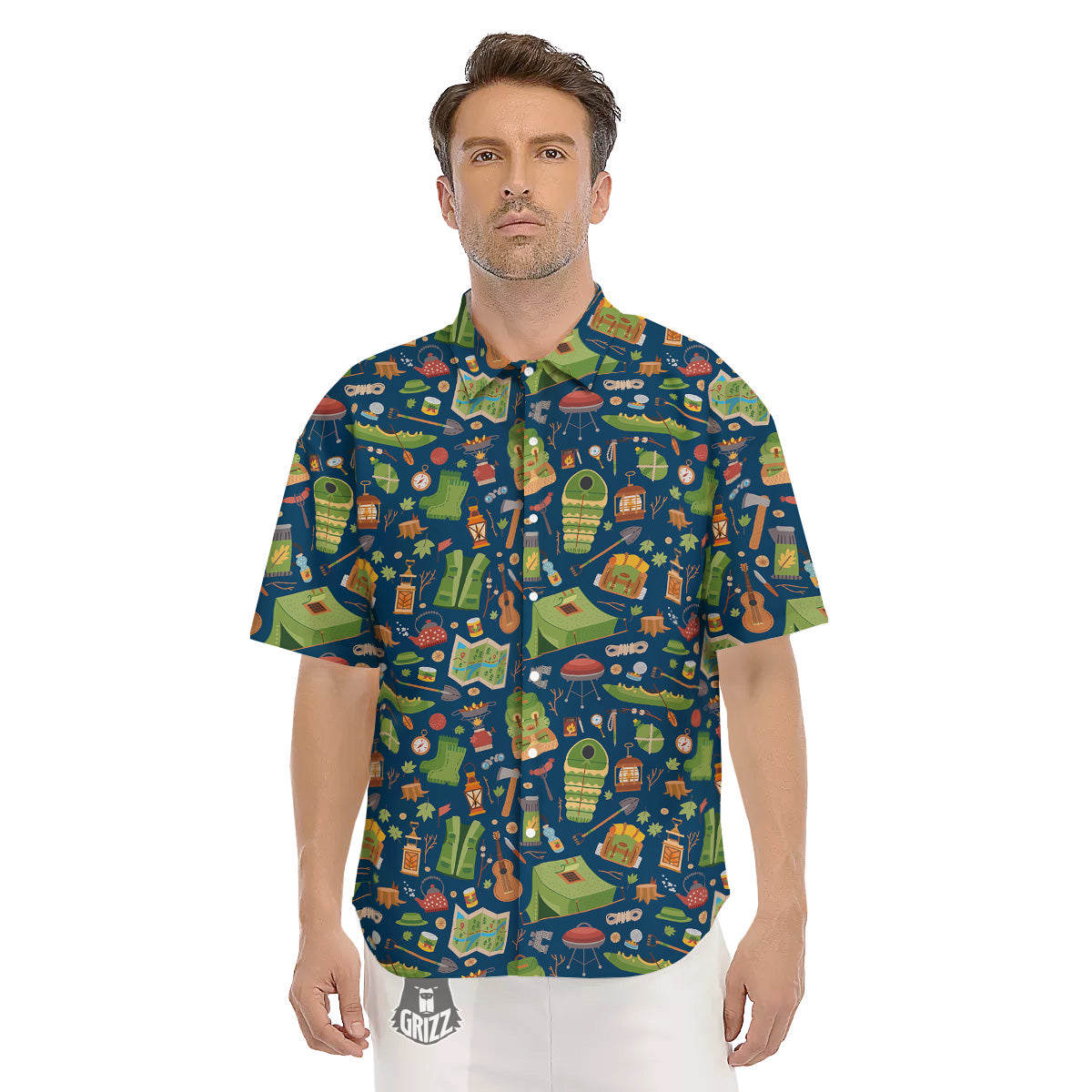 Cute Camping Equipment Print Pattern Men's Short Sleeve Shirts-grizzshop