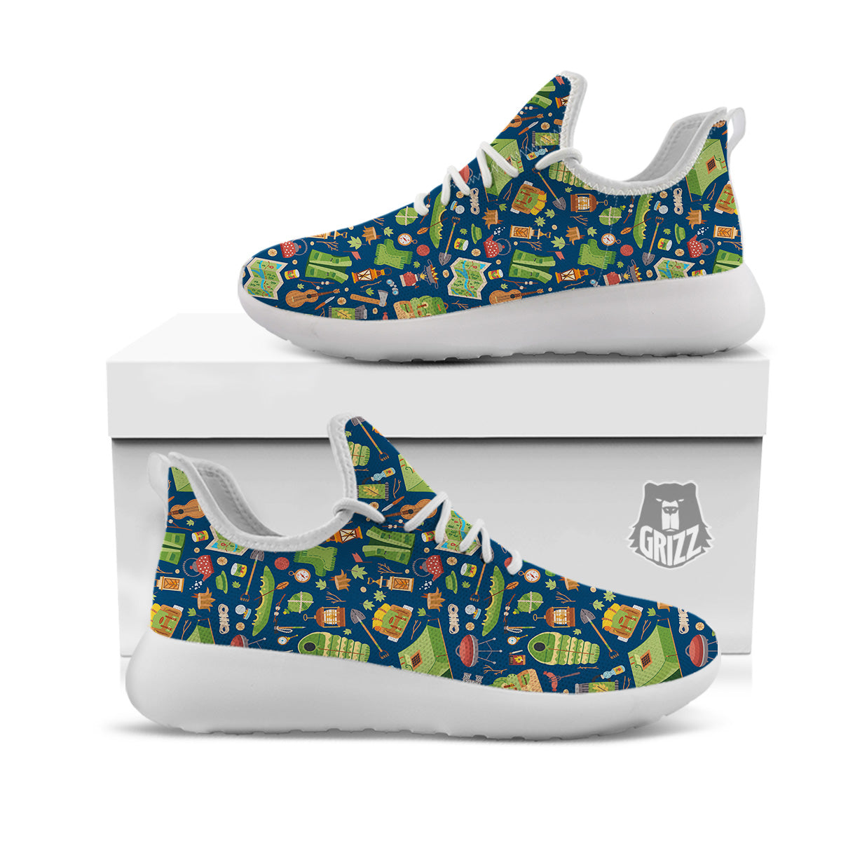 Cute Camping Equipment Print Pattern White Athletic Shoes-grizzshop