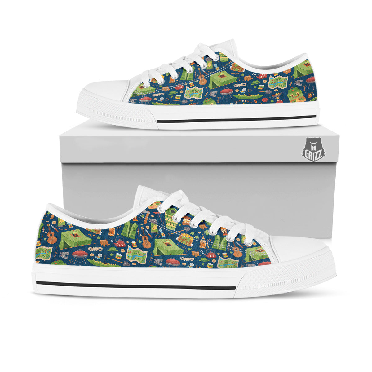 Cute Camping Equipment Print Pattern White Low Top Shoes-grizzshop