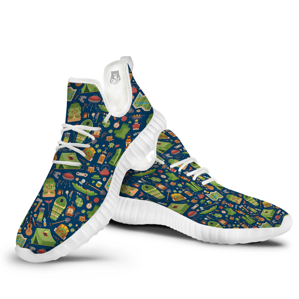 Cute Camping Equipment Print Pattern White Walking Shoes-grizzshop
