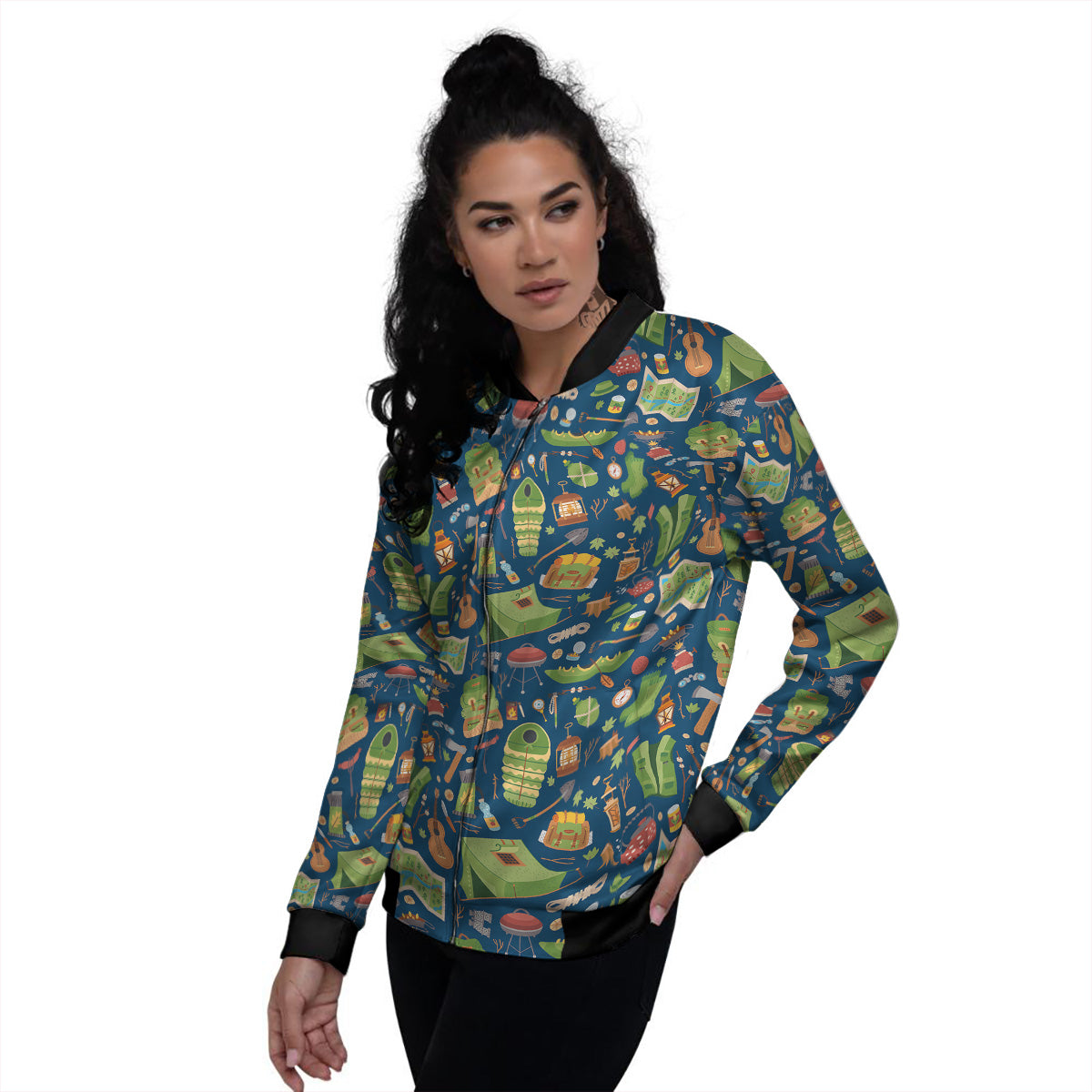 Cute Camping Equipment Print Pattern Women's Bomber Jacket-grizzshop