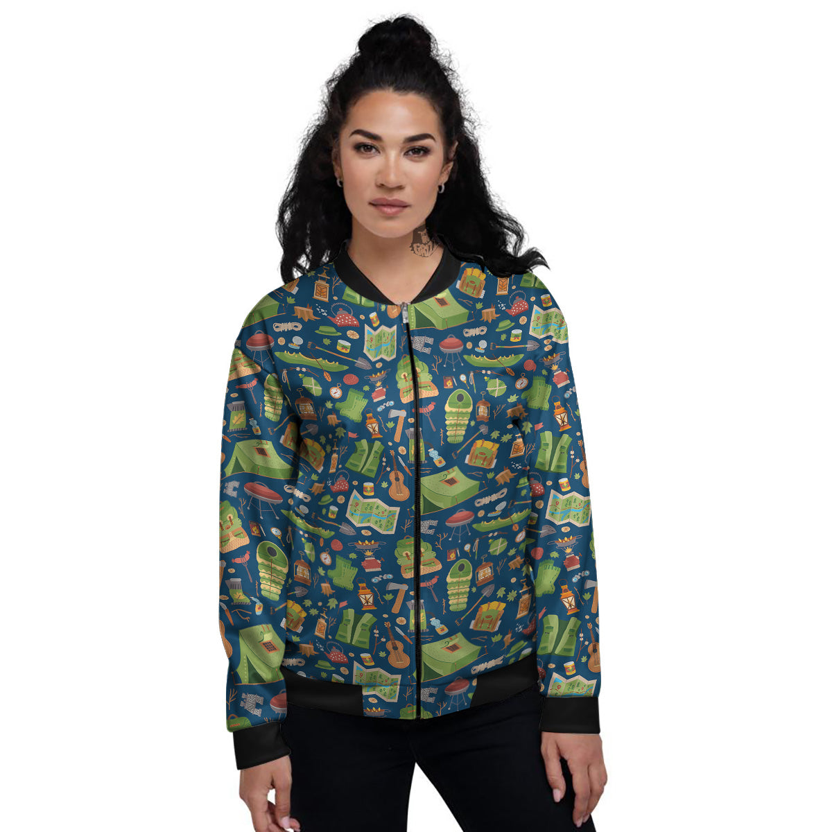 Cute Camping Equipment Print Pattern Women's Bomber Jacket-grizzshop