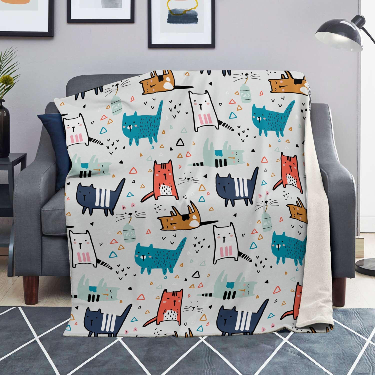 Cute Cartoon Doodle Cat Print Blanket-grizzshop