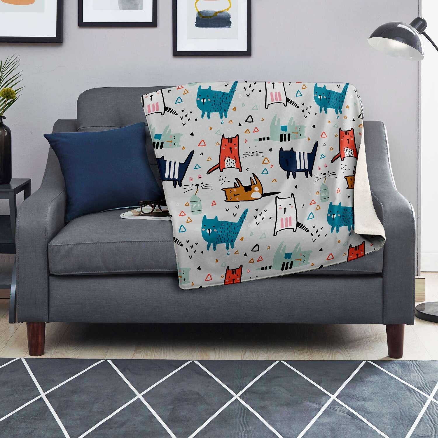 Cute Cartoon Doodle Cat Print Blanket-grizzshop