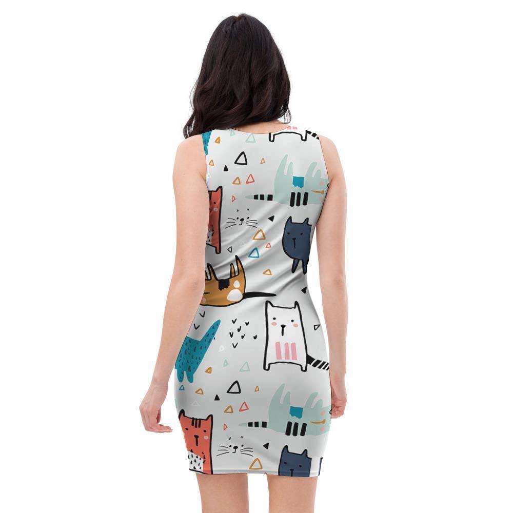 Cute Cartoon Doodle Cat Print Bodycon Dress-grizzshop