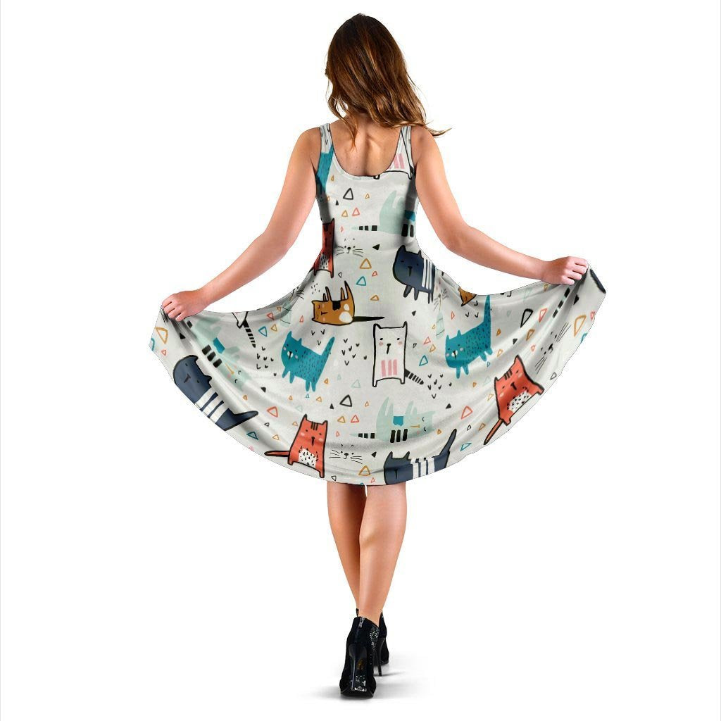 Cute Cartoon Doodle Cat Print Dress-grizzshop