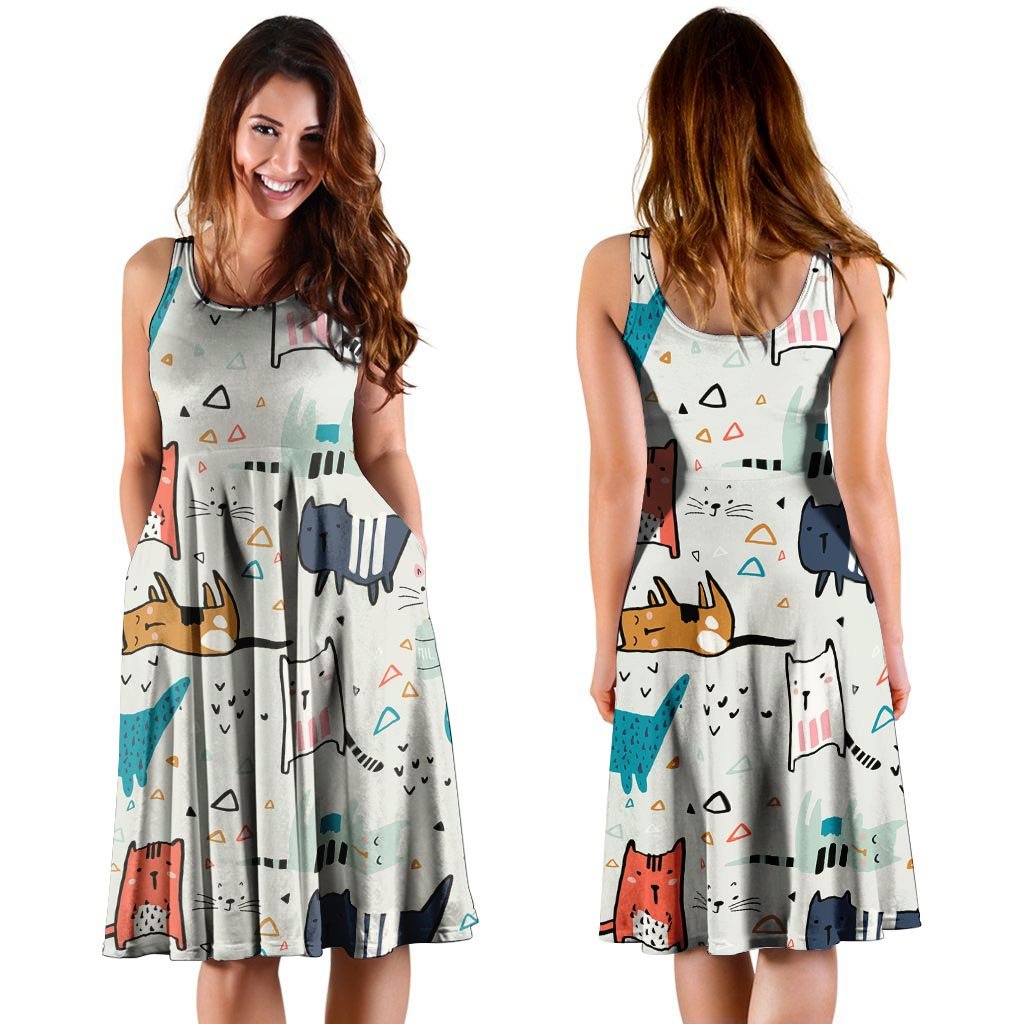 Cute Cartoon Doodle Cat Print Dress-grizzshop