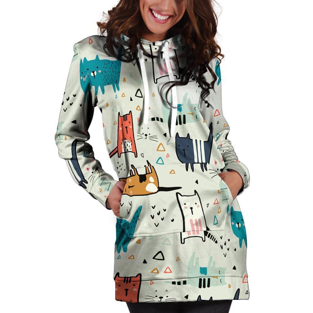 Cute Cartoon Doodle Cat Print Hoodie Dress-grizzshop