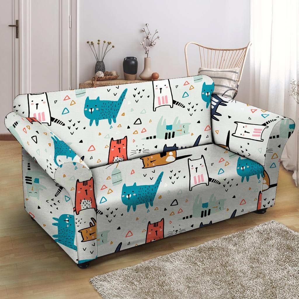 Cute Cartoon Doodle Cat Print Loveseat Cover-grizzshop