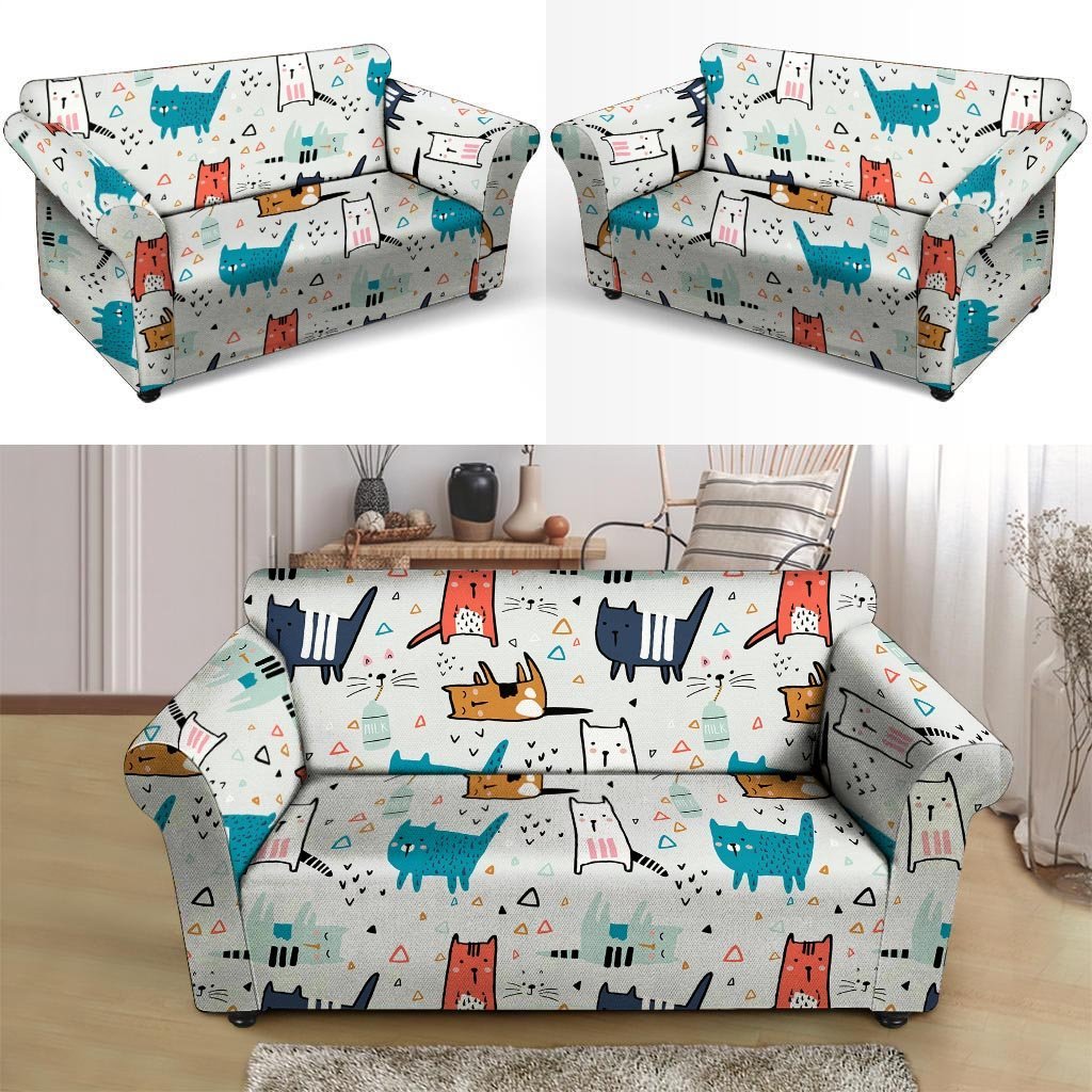 Cute Cartoon Doodle Cat Print Loveseat Cover-grizzshop