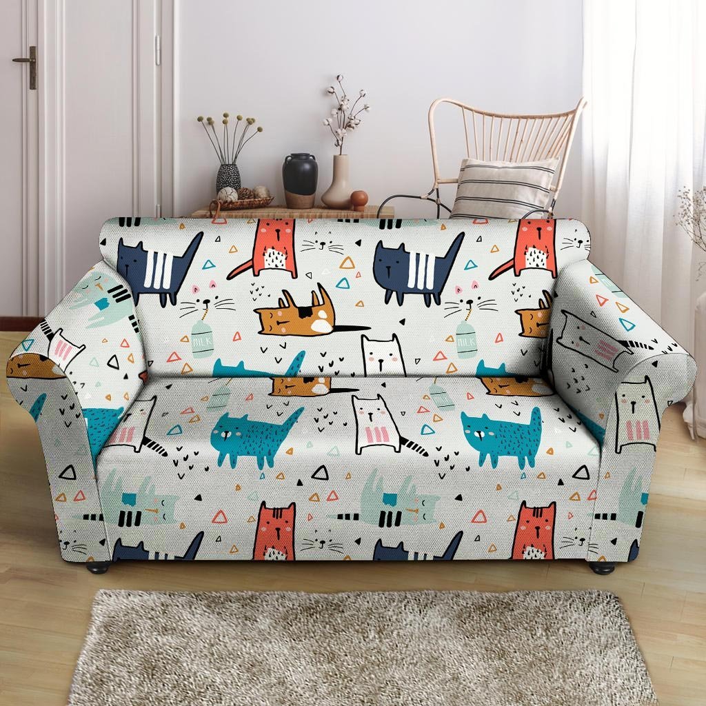 Cute Cartoon Doodle Cat Print Loveseat Cover-grizzshop