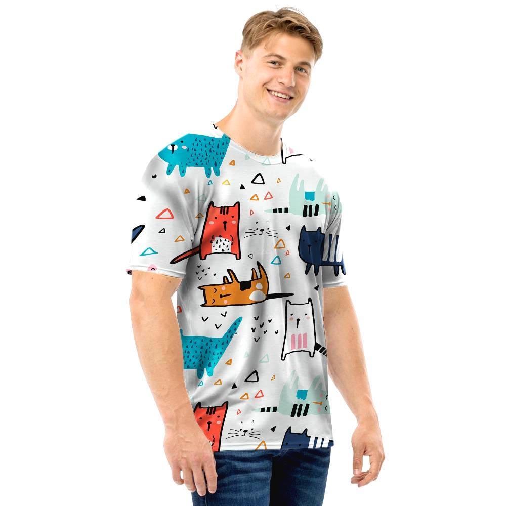 Cute Cartoon Doodle Cat Print Men T Shirt-grizzshop