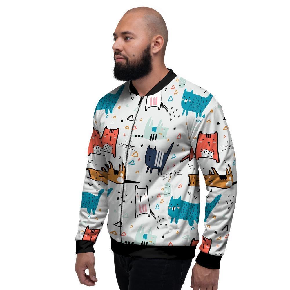 Cute Cartoon Doodle Cat Print Men's Bomber Jacket-grizzshop