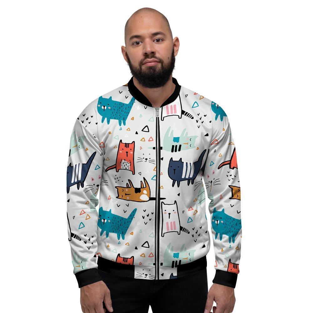 Cute Cartoon Doodle Cat Print Men's Bomber Jacket-grizzshop